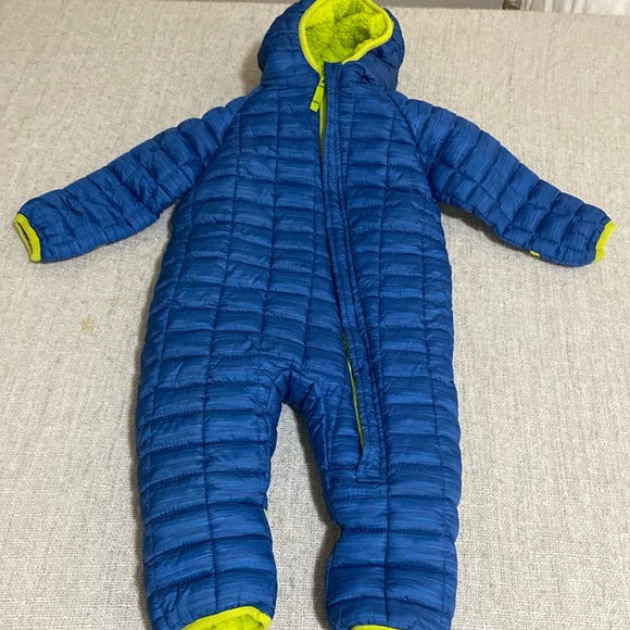 Snozu Blue/Lime Green Baby Puffer Snowsuit Size 9/12 Month - Picture 1 of 8